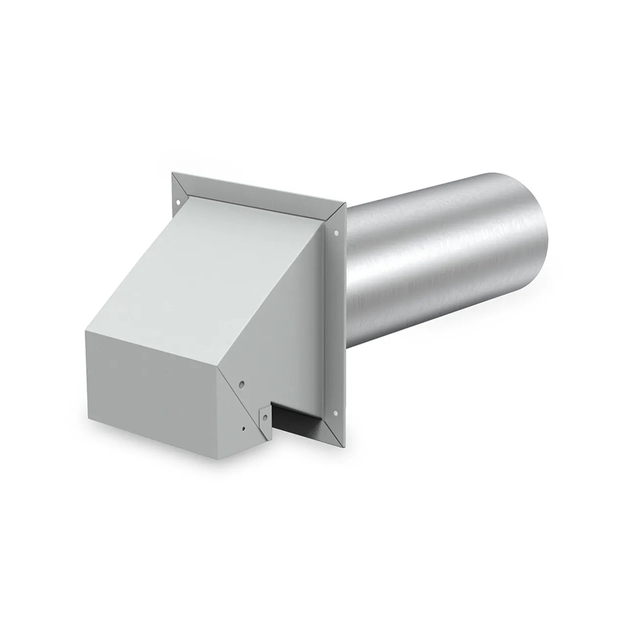 The Go Build 4 in. Exhaust Hood with Damper - White is a metal wall-mounted dryer vent with a flat rectangular cover, cylindrical duct, and an integrated damper, providing a clean industrial look for efficient venting solutions.